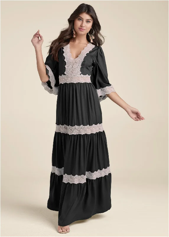 Lace Detail Maxi Dress - Black Multi