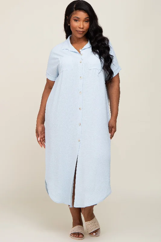 Light Blue Button Down Hi Low Plus Maxi Dress